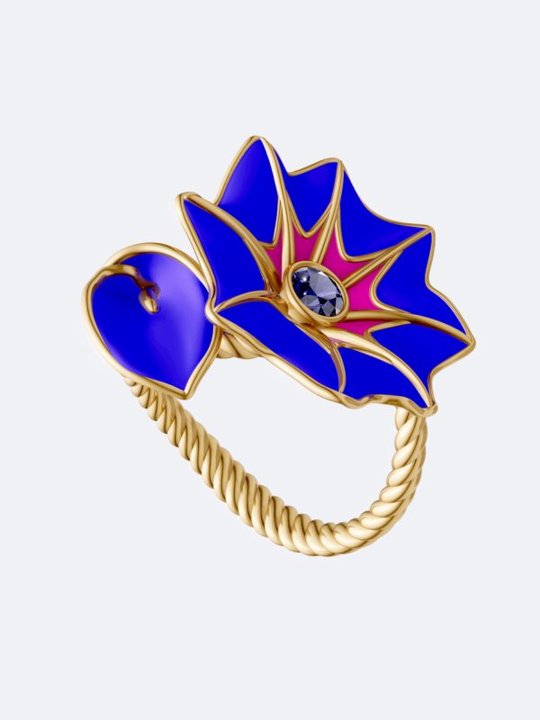 Mystic Bell ring blue sapphire ring 18K gold flower ring bluebell inspired ring enamel floral ring handcrafted gold ring nature inspired ring blue enamel jewelry luxury gemstone ring artisan sapphire ring