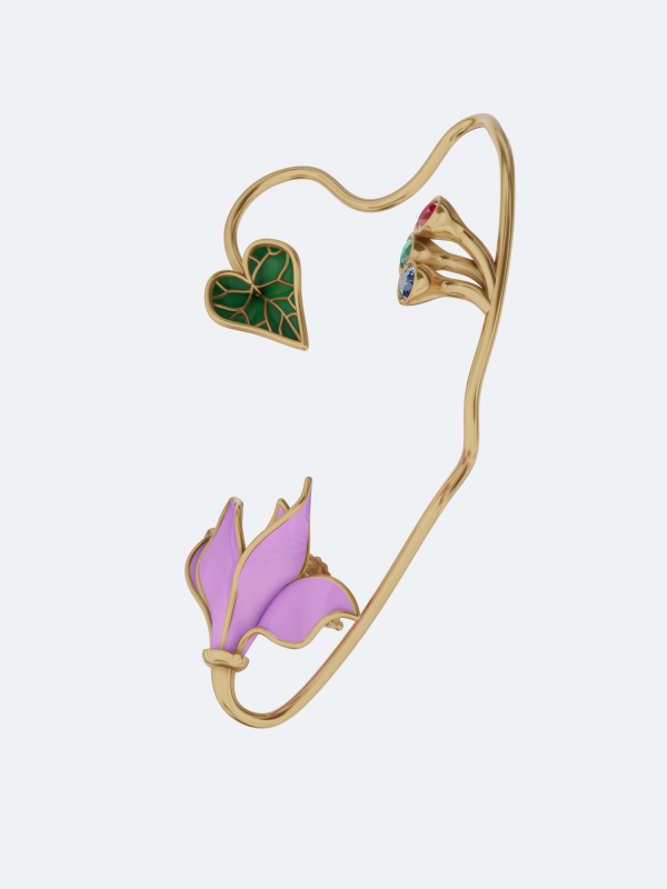 Dreamy Cyclamen single earring multicolor gemstone earring 18K gold statement earring sapphire emerald ruby earring cyclamen flower earring bezel set gemstone earring handcrafted floral earring nature inspired earring luxury single earring artisan gold jewelry