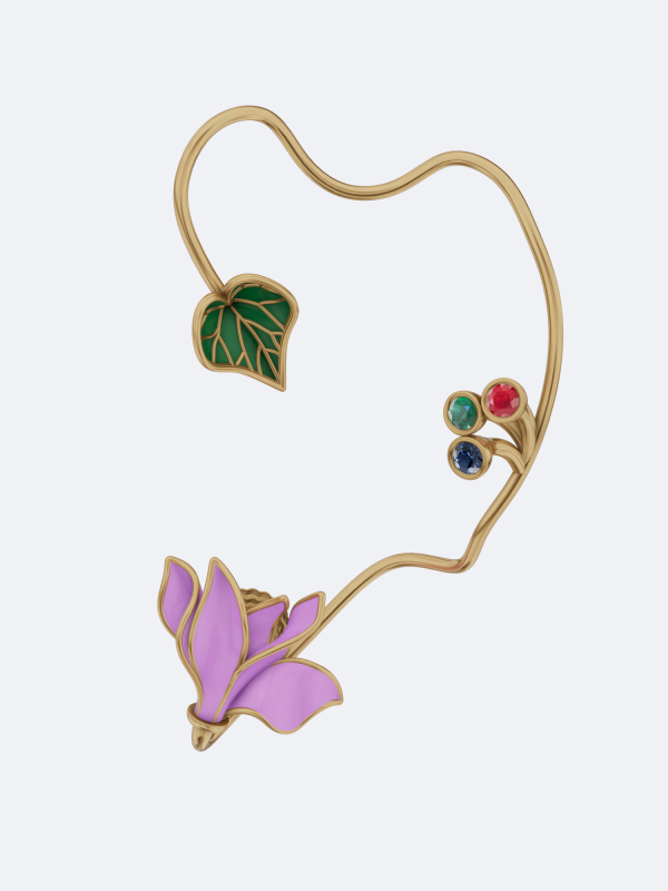 Dreamy Cyclamen single earring multicolor gemstone earring 18K gold statement earring sapphire emerald ruby earring cyclamen flower earring bezel set gemstone earring handcrafted floral earring nature inspired earring luxury single earring artisan gold jewelry