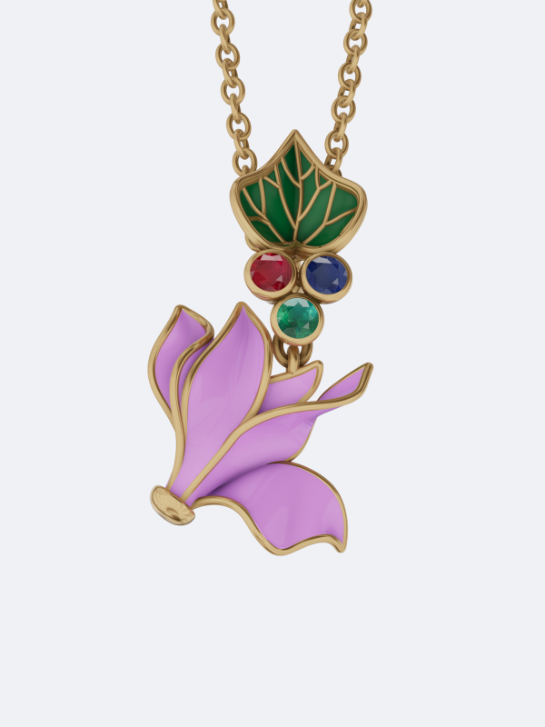 Dreamy Cyclamen pendant multicolor gemstone pendant 18K gold flower pendant sapphire emerald ruby pendant pink enamel floral pendant bezel set gemstone pendant handcrafted gold pendant nature inspired jewelry luxury floral pendant artisan gemstone jewelry