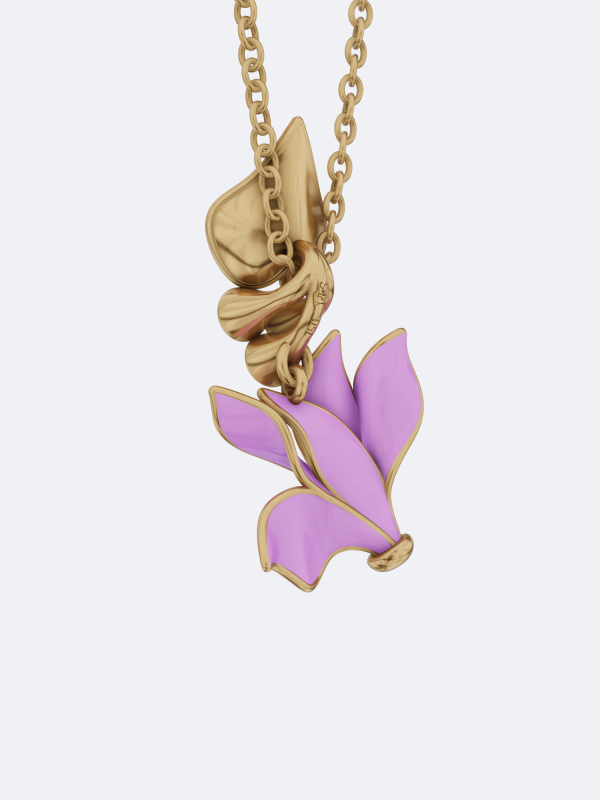Dreamy Cyclamen pendant multicolor gemstone pendant 18K gold flower pendant sapphire emerald ruby pendant pink enamel floral pendant bezel set gemstone pendant handcrafted gold pendant nature inspired jewelry luxury floral pendant artisan gemstone jewelry