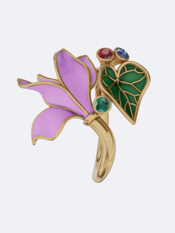 multicolor gemstone ring 18K gold flower ring sapphire emerald ruby ring pink enamel floral ring bezel set gemstone ring handcrafted gold ring nature inspired ring luxury floral ring artisan gemstone jewelry