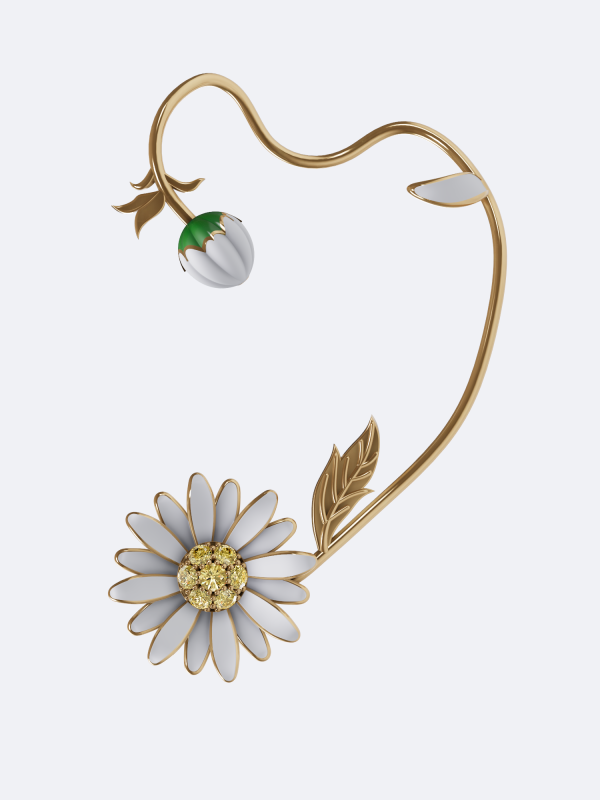 Sweet Daisy single earring yellow diamond earring 18K gold daisy earring white enamel flower earring natural yellow diamond jewelry pavé diamond earring handcrafted floral earring nature inspired jewelry luxury gold earring artisan diamond jewelry