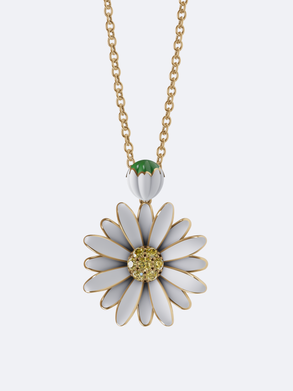 Sweet Daisy pendant yellow diamond pendant 18K gold daisy pendant white enamel flower pendant natural yellow diamond jewelry pavé diamond pendant handcrafted floral pendant nature inspired pendant luxury gold pendant artisan diamond jewelry
