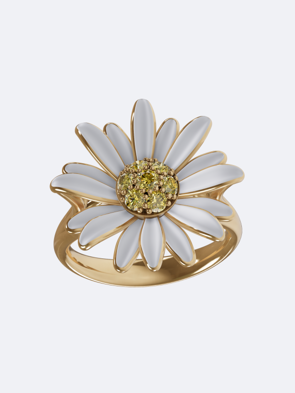 Sweet Daisy ring yellow diamond ring 18K gold daisy ring white enamel flower ring natural yellow diamond ring pavé diamond ring handcrafted floral ring nature inspired ring luxury gold ring artisan diamond jewelry