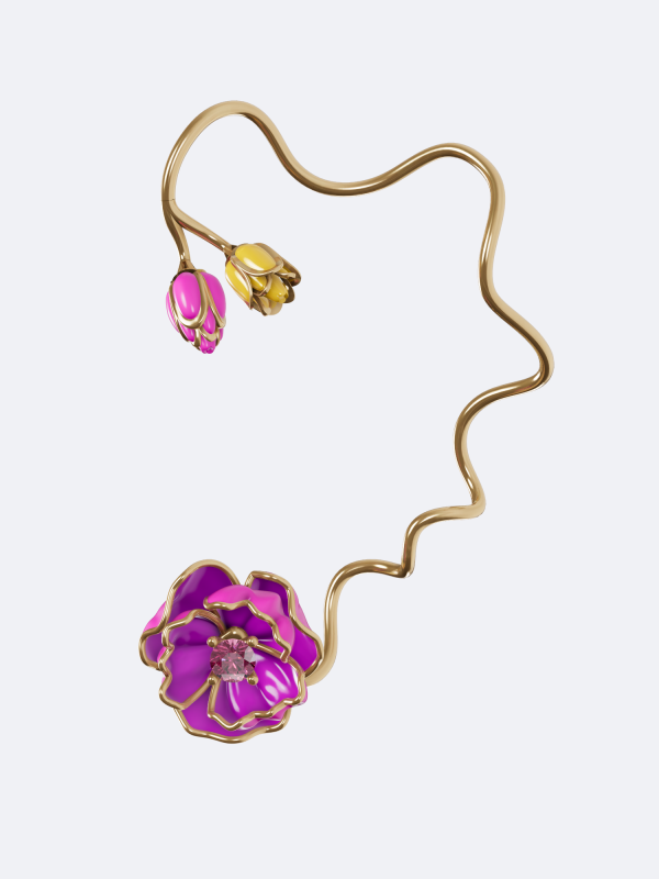 Poised Tulip single earring pink sapphire earring 18K gold tulip earring colorful enamel earring sculptural flower earring handcrafted gold earring nature inspired earring luxury sapphire earring modern floral jewelry artisan gemstone earring