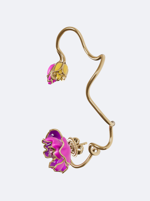 Poised Tulip single earring pink sapphire earring 18K gold tulip earring colorful enamel earring sculptural flower earring handcrafted gold earring nature inspired earring luxury sapphire earring modern floral jewelry artisan gemstone earring