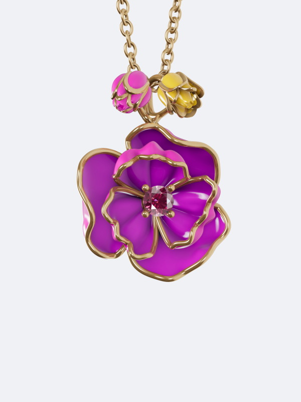 Poised Tulip pendant pink sapphire pendant 18K gold tulip pendant colorful enamel pendant sculptural flower pendant handcrafted gold pendant nature inspired pendant luxury sapphire jewelry modern floral pendant artisan gemstone pendant