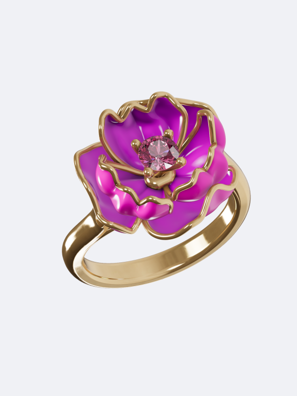 Poised Tulip ring pink sapphire ring 18K gold tulip ring pink enamel flower ring sculptural floral ring handcrafted gold ring nature inspired ring luxury sapphire ring modern feminine jewelry artisan gemstone ring