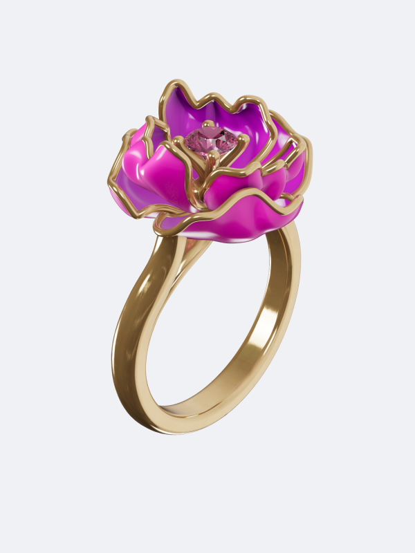 Poised Tulip ring pink sapphire ring 18K gold tulip ring pink enamel flower ring sculptural floral ring handcrafted gold ring nature inspired ring luxury sapphire ring modern feminine jewelry artisan gemstone ring